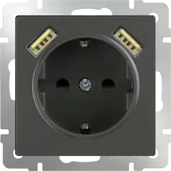 Розетка с заземлением, шторками и USBх2 Werkel серо-коричневый WL07-SKGS-USBx2-IP20