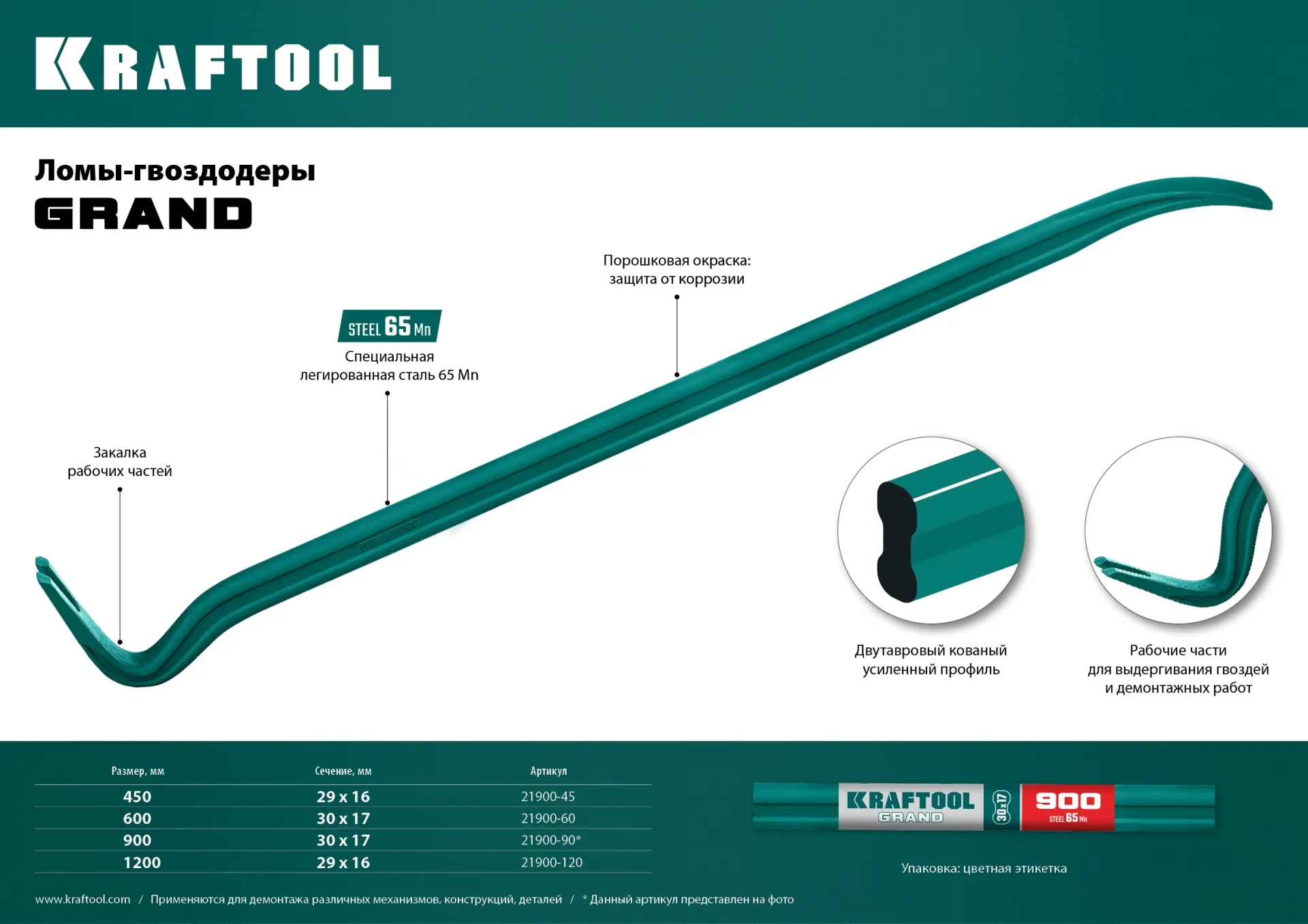 Лом-гвоздодер, 900 мм, 30х17 мм, кованый двутавровый, KRAFTOOL