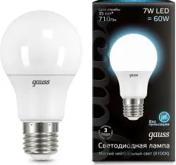 Лампа Gauss LED A60 E27 7W 710lm 4100K 1/10/40