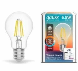 Лампа светодиодная филаментная Gauss Smart Home DIM+CCT E27 A60 6,5Вт 2000-6500 К 1/10/40