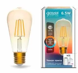 Лампа светодиодная филаментная Gauss Smart Home DIM+CCT E27 ST64 Golden 6,5 Вт 2000-5500 К 