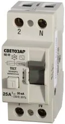 Выключатель дифференциальный "УЗО" СВЕТОЗАР, 2-полюсный, 25 A, "AC", откл. диф.ток. 30 мА, 230 В
