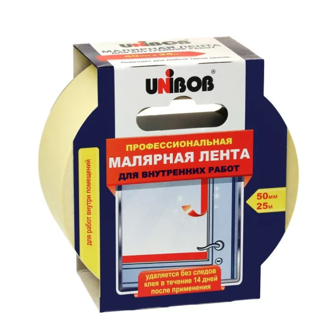 Малярная клейкая лента Unibob 50 мм х 25 м желтая. Клейкая лента Unibob 50ммх25м. Unibob лента малярная 25*50. Малярная клейкая лента Unibob 50ммх50м 2 шт. Скотч малярный unibob