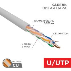 Кабель витая пара REXANT U/UTP CAT 6 LSZH нг(А)-HF 4PR 23AWG INDOOR SOLID серый 305 м 01-0067
