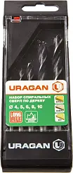 URAGAN 5 шт., 4-5-6-8-10 мм, набор спиральных сверл по дереву