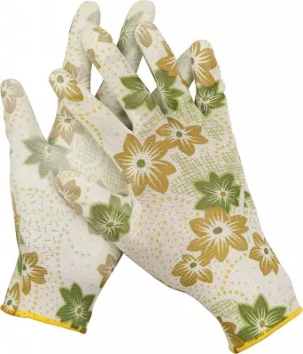 Перчатки садовые, прозрачное PU покрытие, 13 класс вязки, GRINDA бело-зеленые, размер L
