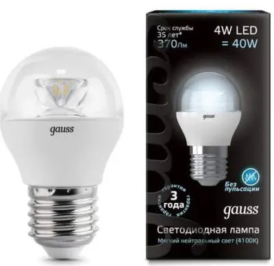 Лампа Gauss LED Globe Crystal Clear E27 4W 4100K 1/10/50