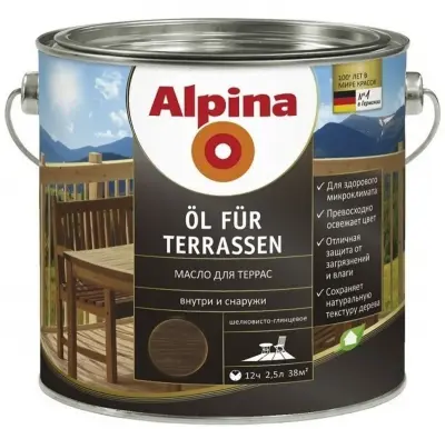 Масло для террас ALPINA OL FUR TERRASEN шелк/гл, прозрачный, колеруемое (2,5л)