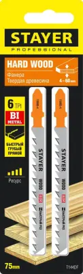 Полотна STAYER T144DF для эл/лобзика Bi-Metal по дереву ДВП ДСП T-хвост. шаг 4мм 75мм 2шт