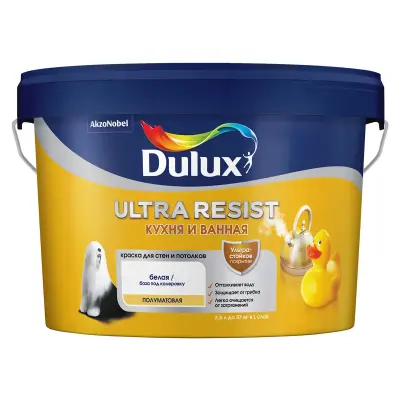Краска DULUX Ultra Resist для кухни и ванной латексная полуматовая база  BW 2.5 л.