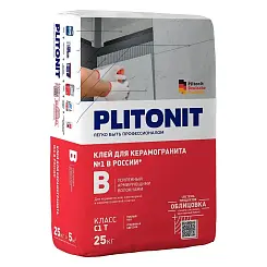 Клей для плитки PLITONIT В+ для к/керамогранита и натурального камня, класс C1TE серый 25кг