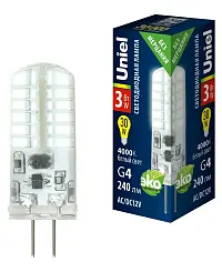 Лампа светодиодная Uniel G4 3W 3000K прозрачная LED-JC-12/3W/4000K/G4/CL