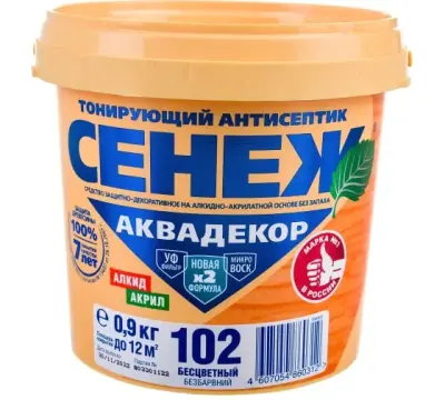 Антисептик для дерева СЕНЕЖ АКВАДЕКОР Х2-102 бесцветный, 0.9 кг 11037