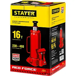 Домкрат гидравлический бутылочный STAYER RED FORCE 16т 230x460мм