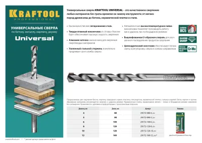 Сверло "UNIVERSAL" по бетону, металлу, дереву, KRAFTOOL PROFESSIONAL 29172-100-6, 6 х 100 мм