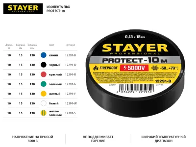 STAYER Protect-10 Изолента ПВХ, не поддерживает горение, 10м (0,13х15 мм), черная