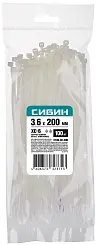Хомуты-стяжки белые ХС-Б, 3.6 х 200 мм, 100 шт, нейлоновые, СИБИН