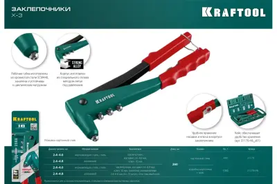 Заклепочник KRAFTOOL с литым корпусом для заклёпок 2.4-4.8мм с набором заклепок  31170-H6_z01