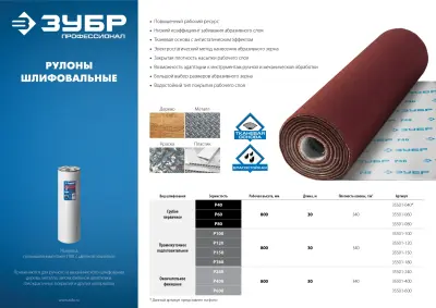 Р40, 800 мм рулон шлифовальный, на тканевой основе, водостойкий, 30 м, ЗУБР Профессионал