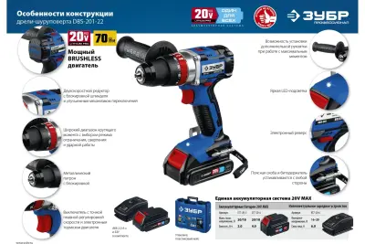 Бесщеточная ударная дрель-шуруповерт ЗУБР Профессионал DBS-201-22