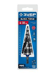 Сверло ступенчатое ЗУБР BLACK FORCE 4-32мм 15 ступеней винтовая проточка 29671-4-32-15