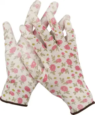 Перчатки садовые прозрачное PU покрытие, 13 класс вязки GRINDA р. M, бело-розовые